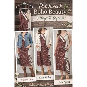 Mixed Print Boho Midi Dress | Floral & Western Boho cowgirl Size LP (Fits M)